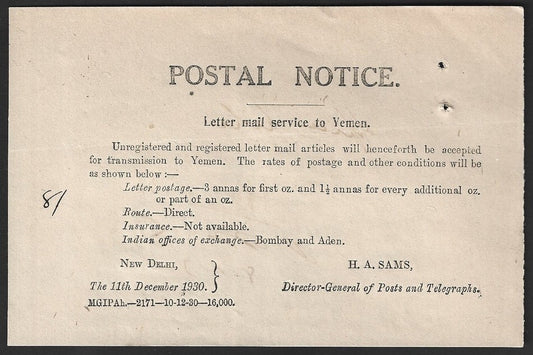 India POSTAL NOTICE 11th Dec. 1930 Letter Mail Service to Yemen