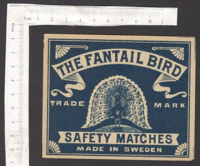 India THE FANTAIL BIRD Peacock vintage large packet size matchbox label