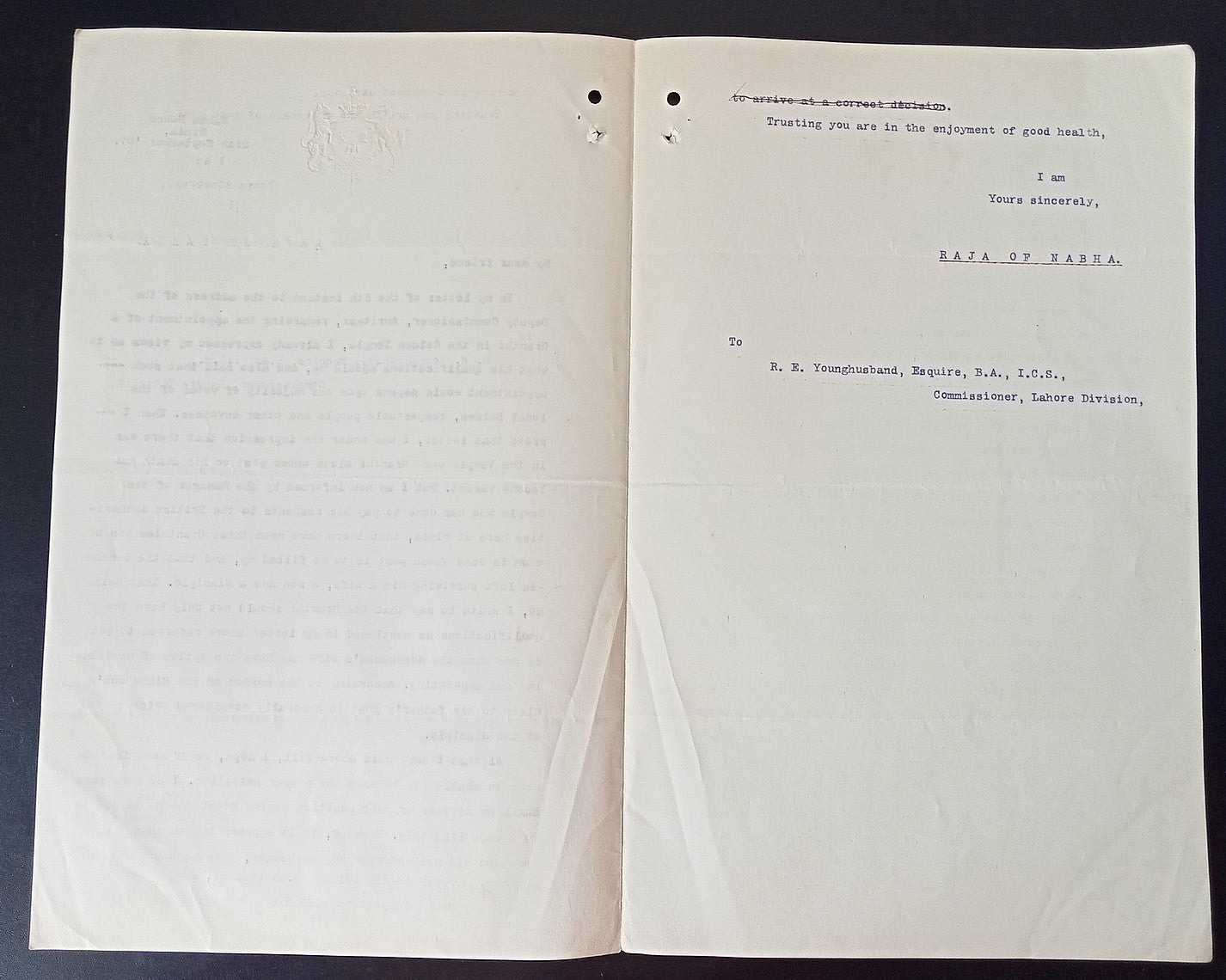 India 1907 crested letter RAJA OF NABHA about a Granthi for Golden Temple
