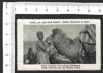 Vintage OVERLAND TO INDIA poster stamp - GULAM HUSSEIN & MY RIDING CAMEL zaz