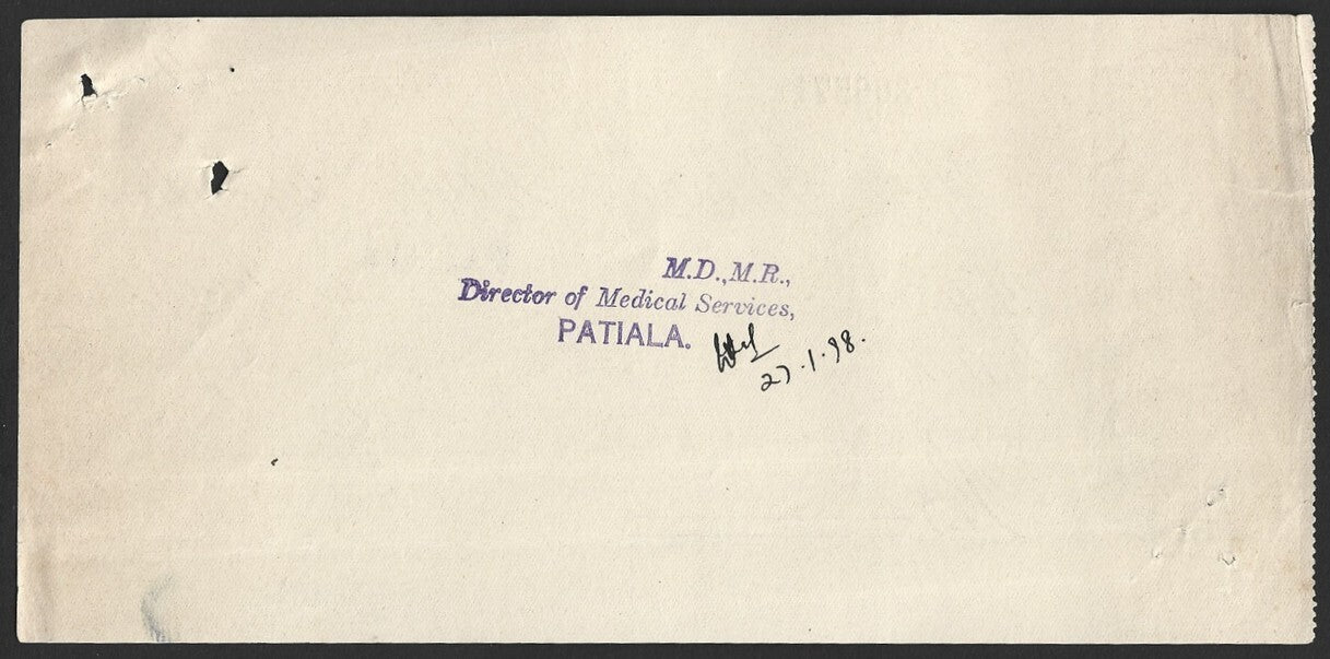 India 1940 The Patiala State bank cheque check