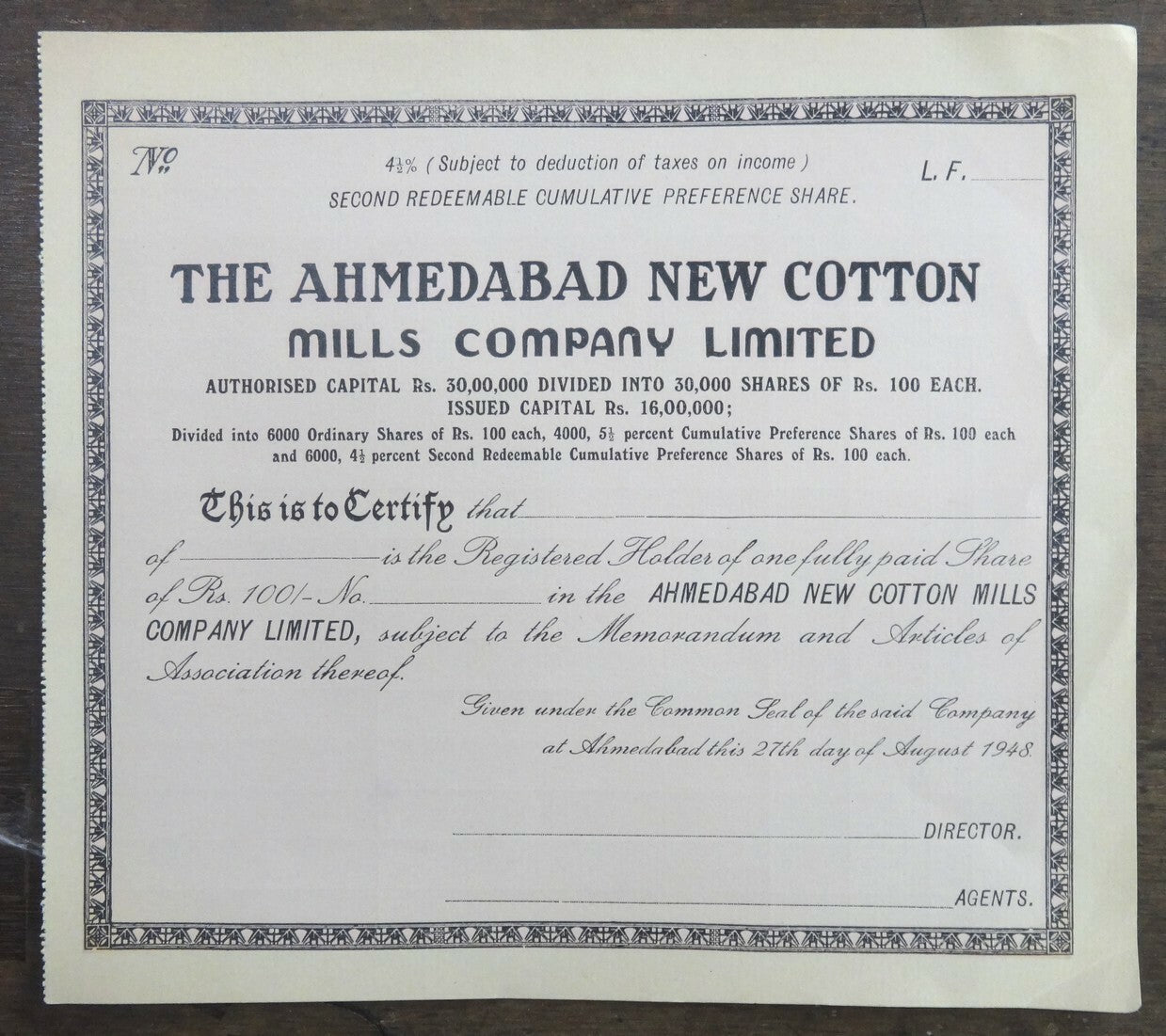 India 1948 Ahmedabad New Cotton Mills share certificate UNUSED X