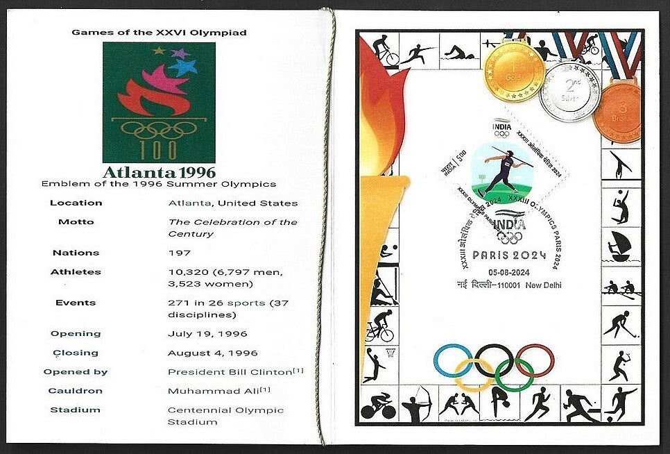 India 2024 Paris Olympics souvenir with 1996 Atlanta, US Olympics cachet