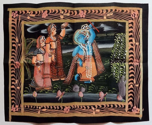 India vintage hand painting on cloth RADHA & KRISHNA 9 x 11 inches