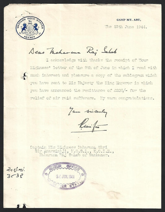 India 1944 letter thanking Maharaja Wankaner for donating to Emperor George VI
