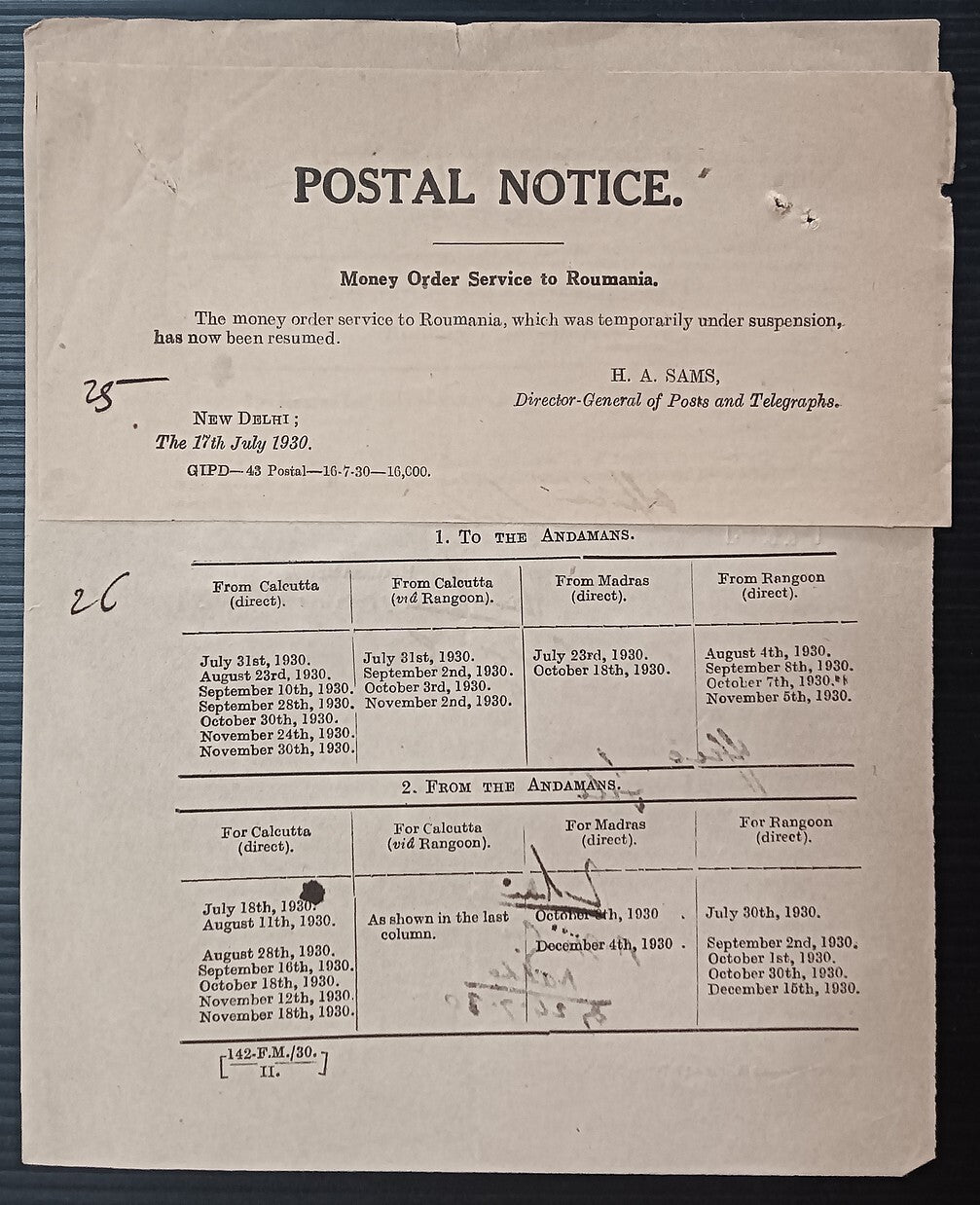 India POSTAL NOTICE 17 -7-1930 Money Order Service to Roumania + CIRCULAR NO. 17