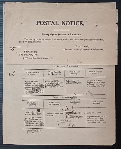 India POSTAL NOTICE 17 -7-1930 Money Order Service to Roumania + CIRCULAR NO. 17