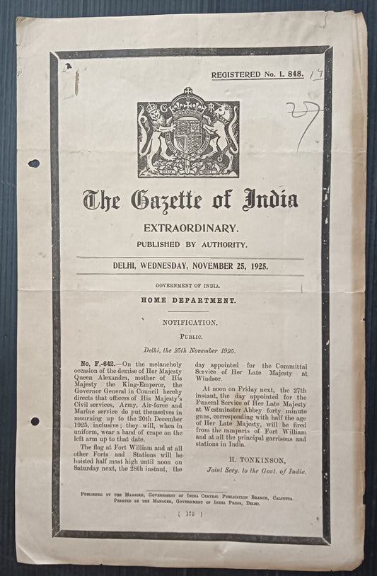 India 1925 black bordered Gazette notifying the death of Queen Alexandra