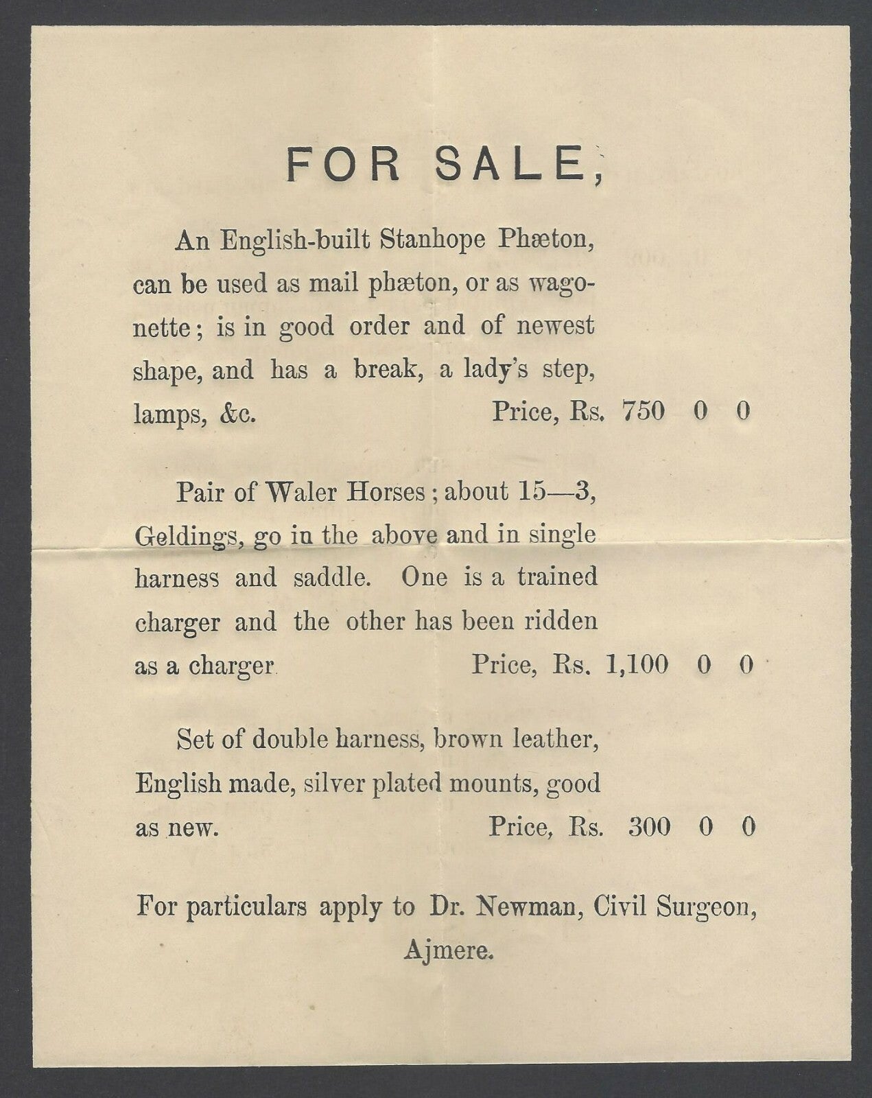AOPIMT India 1870s Sale Notice for a Stanhop Phaeton & Waler horses