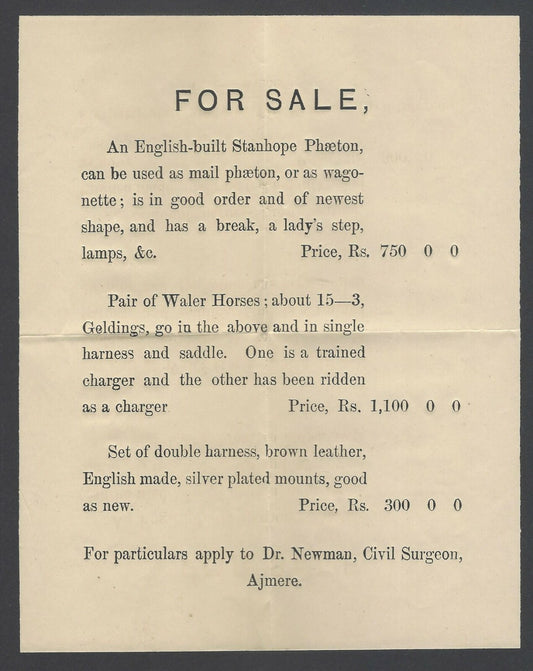 AOPIMT India 1870s Sale Notice for a Stanhop Phaeton & Waler horses