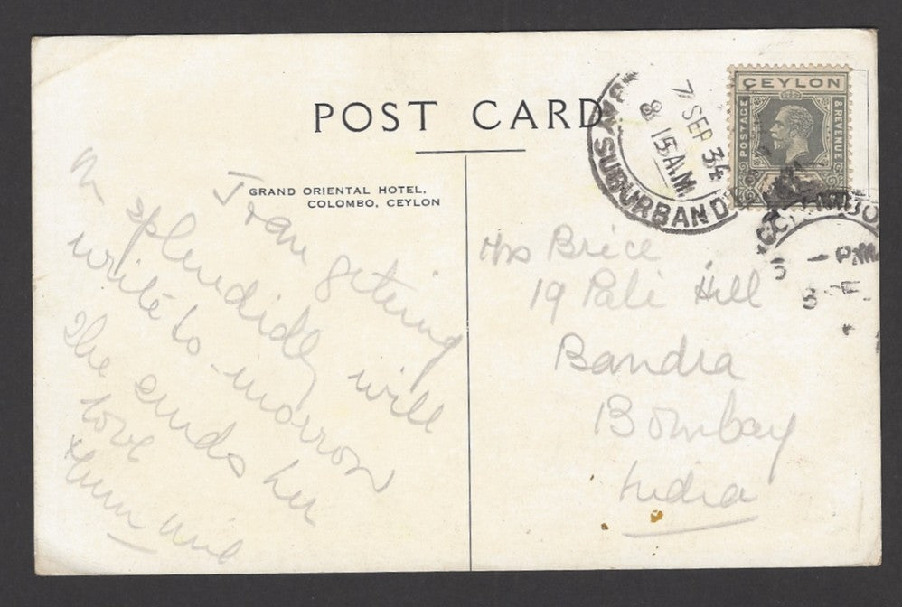 Ceylon 1934 postcard to India The Grand Oriental Hotel Colombo