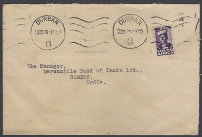 AOP South Africa 1943 bantam 2d single franking cover Durban to India