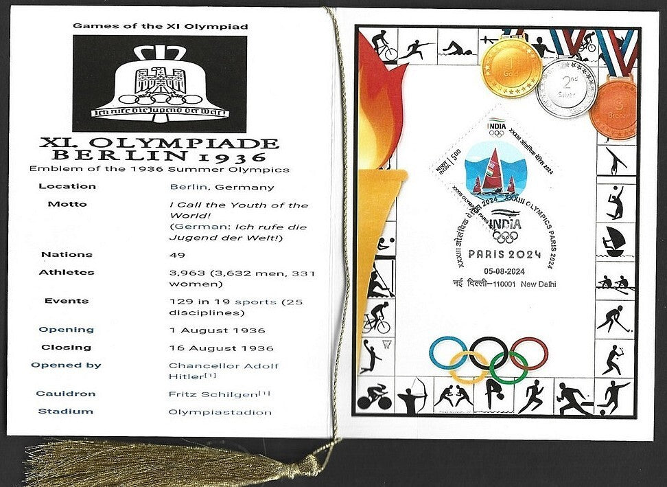 India 2024 Paris Olympics souvenir with 1936 Berlin, Germany Olympics cachet