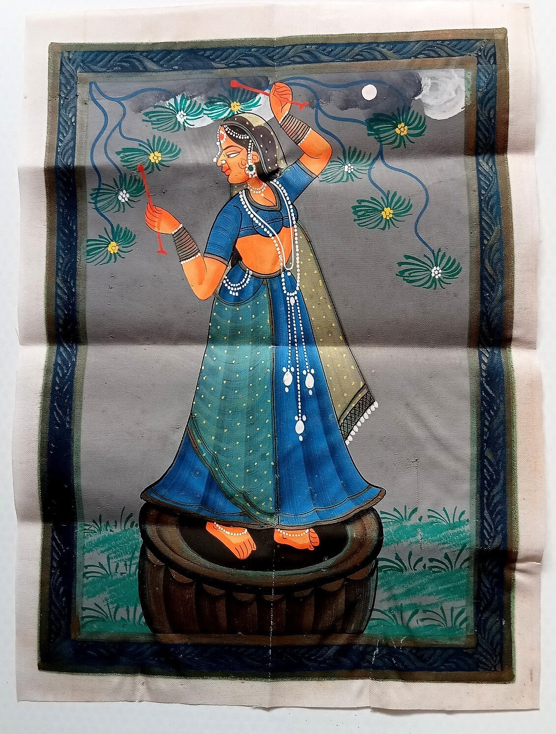 India vintage hand painting on cloth INDIAN GIRL 10 x 13 inches