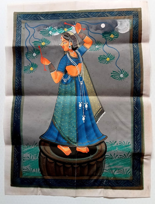 India vintage hand painting on cloth INDIAN GIRL 10 x 13 inches