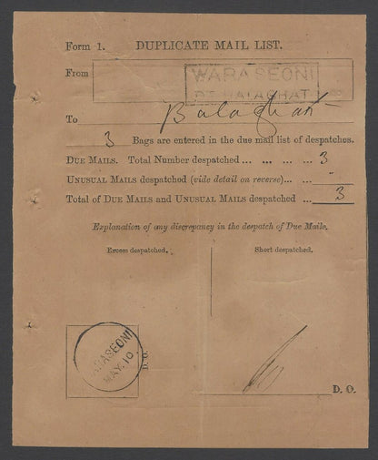 AOPIMT India 1880s Duplicate Mail List for UNUSUAL & DUE mails