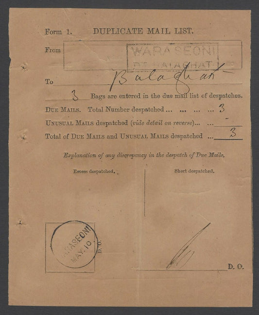 AOPIMT India 1880s Duplicate Mail List for UNUSUAL & DUE mails