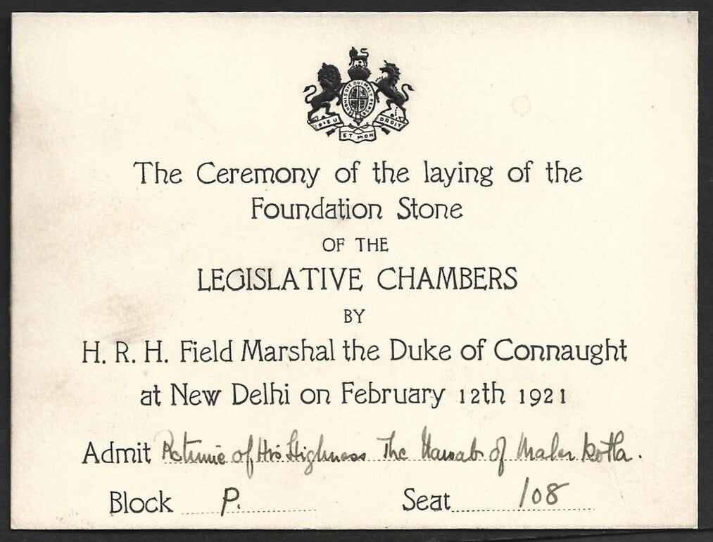 1921 Duke of Connaught INDIA VISIT Inaug of Legislative Assembly pass for Nawab