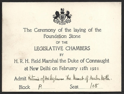 1921 Duke of Connaught INDIA VISIT Inaug of Legislative Assembly pass for Nawab