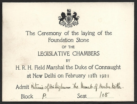 1921 Duke of Connaught INDIA VISIT Inaug of Legislative Assembly pass for Nawab