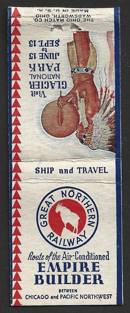 Matchbook cover EMPIRE BUILDER Great Norther Railway advertisement Native Indian