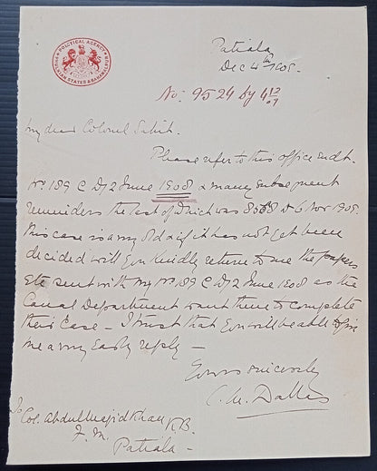 (AOP) India 1909 crested letter POLITICAL AGENCY * PHULKIAN STATES & BAHAWALPUR