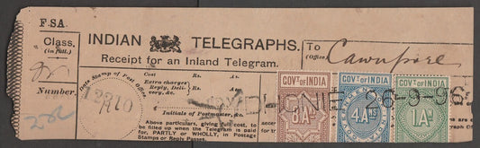 AOP India QV Telegraph stamp 3 color franking on 1896 telegraph receipt