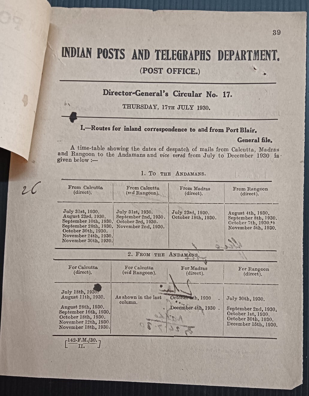 India POSTAL NOTICE 17 -7-1930 Money Order Service to Roumania + CIRCULAR NO. 17