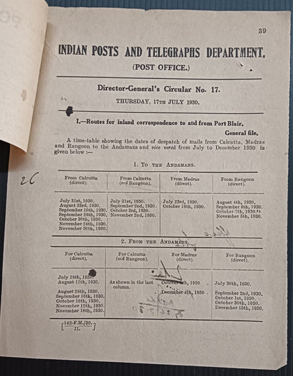 India POSTAL NOTICE 17 -7-1930 Money Order Service to Roumania + CIRCULAR NO. 17