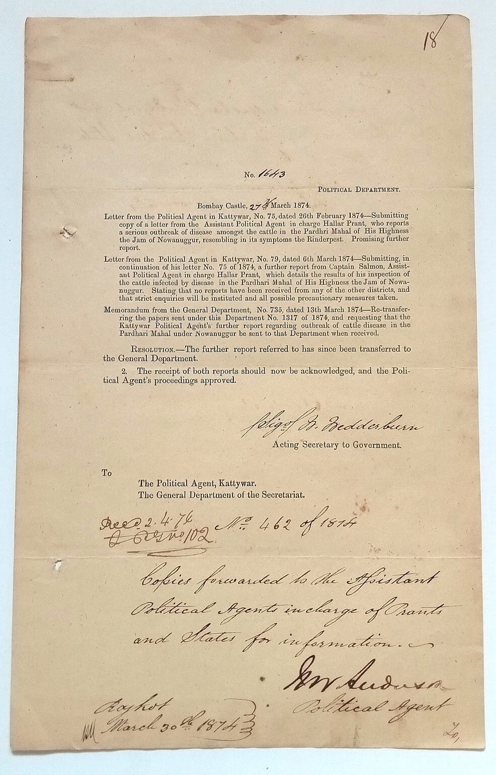 AOP India 1874 Bombay Castle Cattle Disease printed document