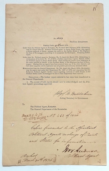 AOP India 1874 Bombay Castle Cattle Disease printed document