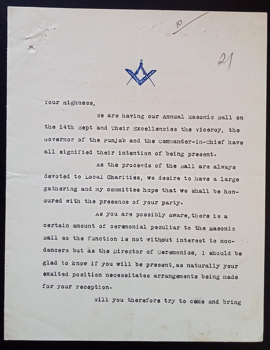India MASONIC crested letter re: Annual Ball - Viceroy may attend