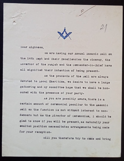 India MASONIC crested letter re: Annual Ball - Viceroy may attend