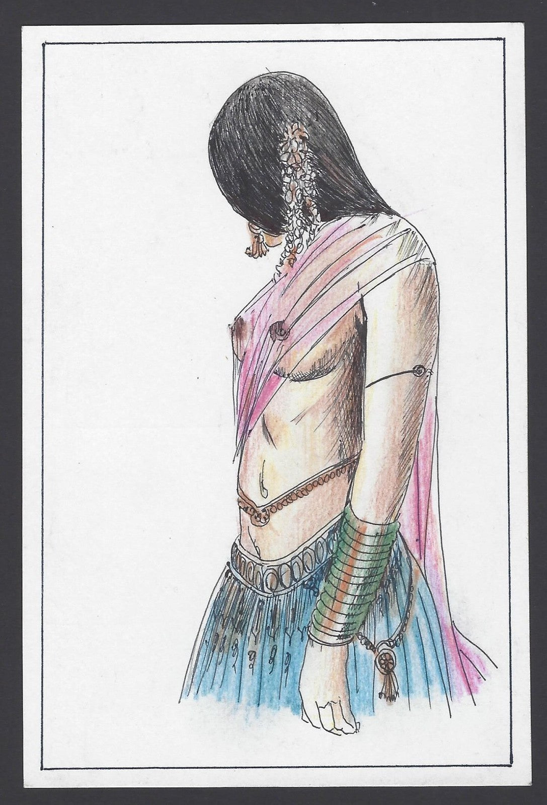 India semi nude beauty on hand painted postcard
