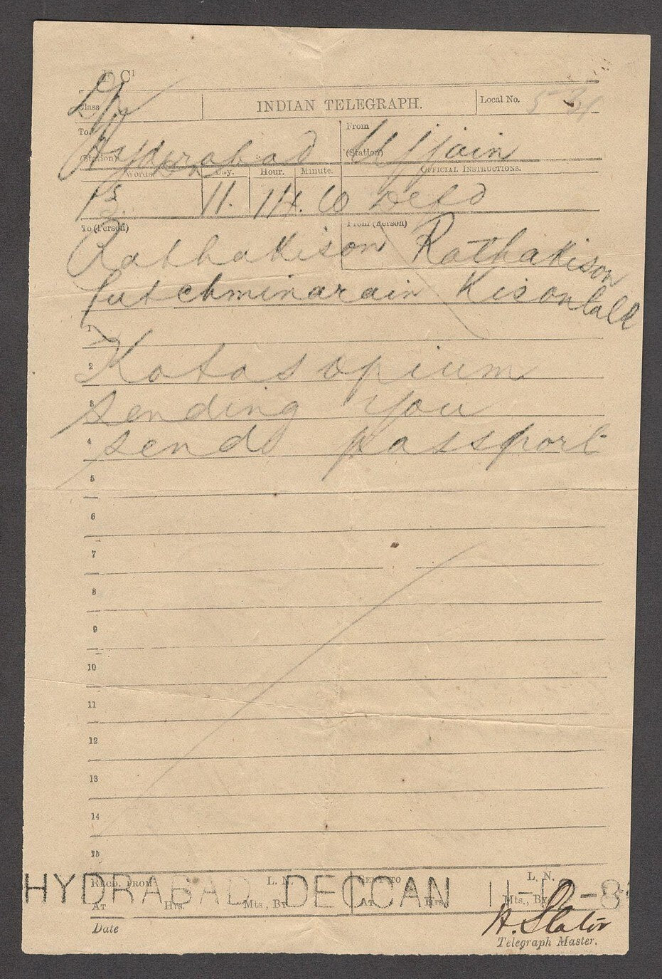 India 1888 OPIUM TRADE telegram from Ujjaiin to HYDERABAD - DECCAN