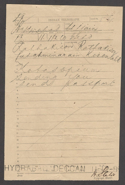 India 1888 OPIUM TRADE telegram from Ujjaiin to HYDERABAD - DECCAN