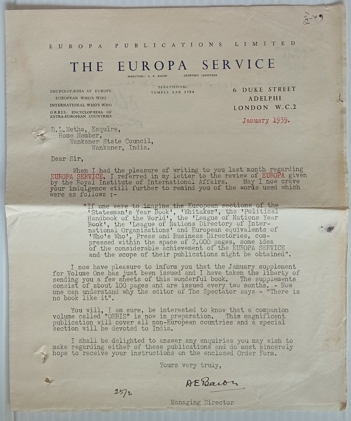AOP India 1939 The Europa Service, London