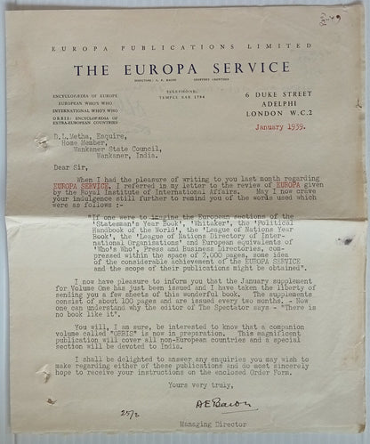 AOP India 1939 The Europa Service, London