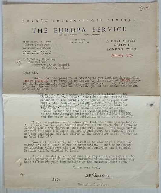 AOP India 1939 The Europa Service, London