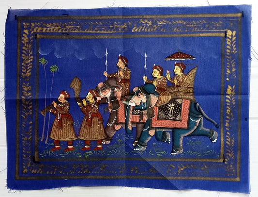 India Mughal Scene hand painted on black cloth 22 x32 cm