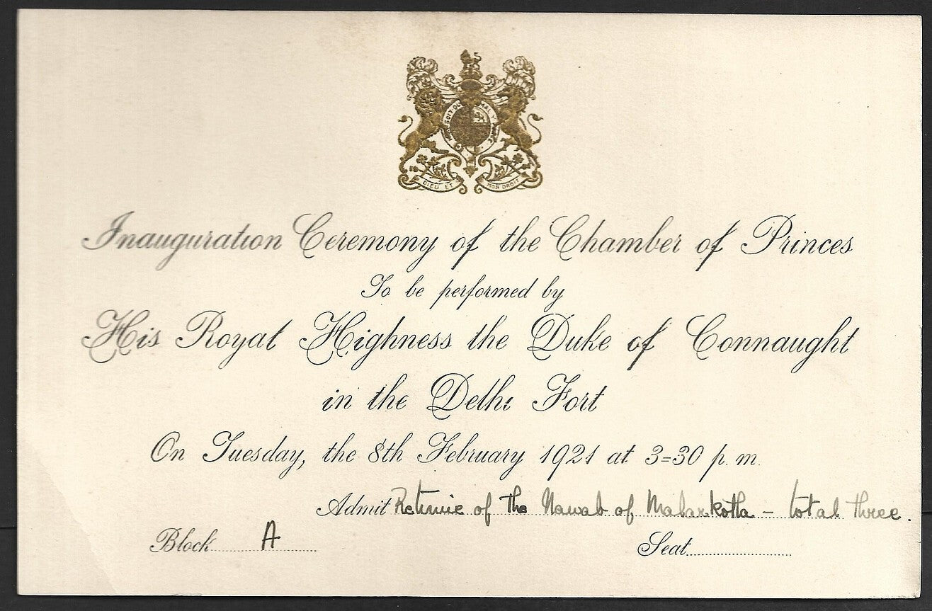 1921 Duke Connaught INDIA VISIT Inaug of Legislative Assembly invite for Nawab