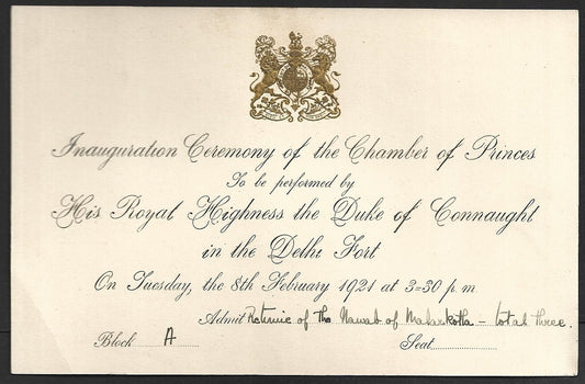 1921 Duke Connaught INDIA VISIT Inaug of Legislative Assembly invite for Nawab