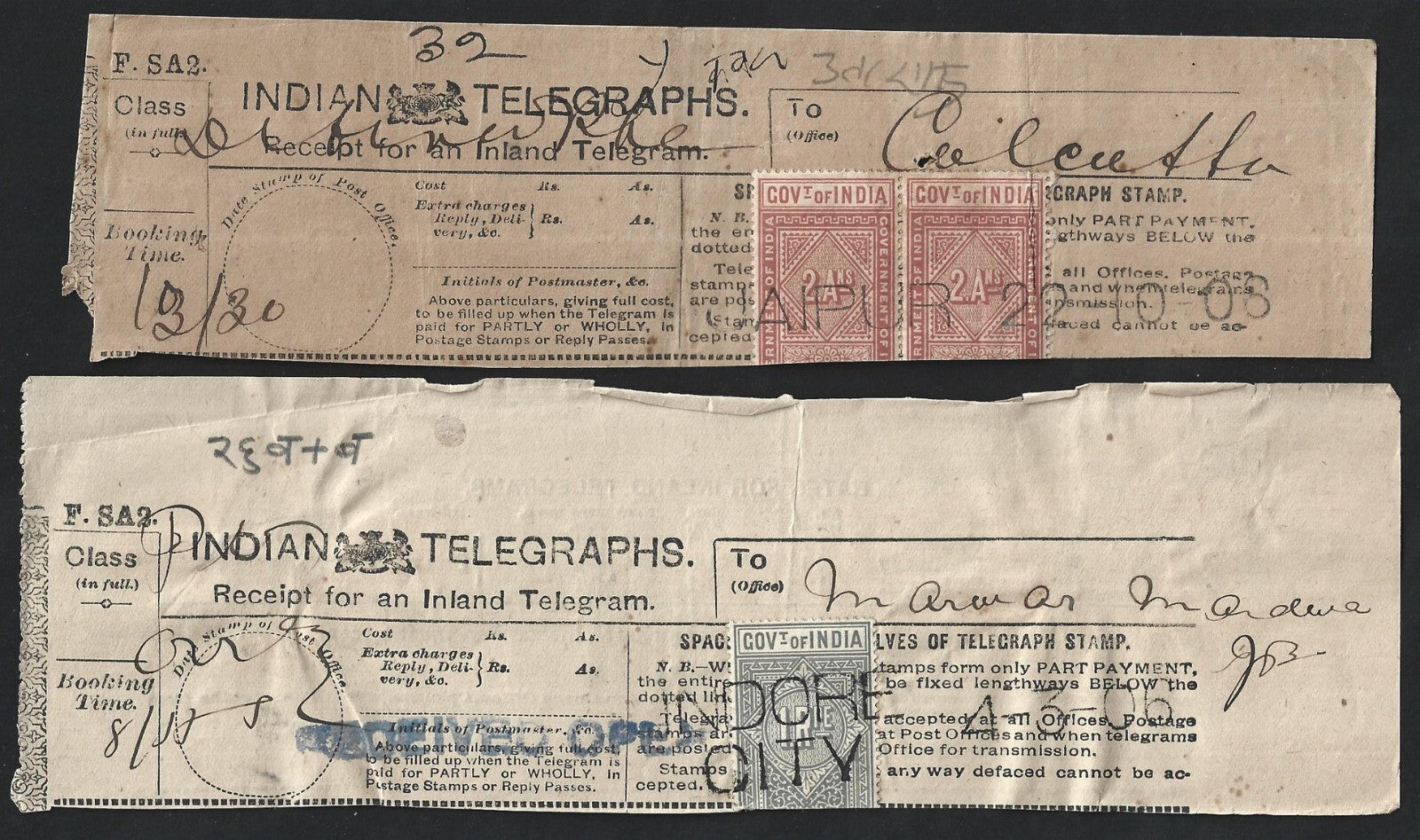 India 1875-1906 collection of telegraph receipts used from 18 different towns