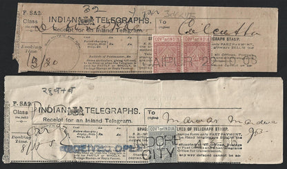 India 1875-1906 collection of telegraph receipts used from 18 different towns
