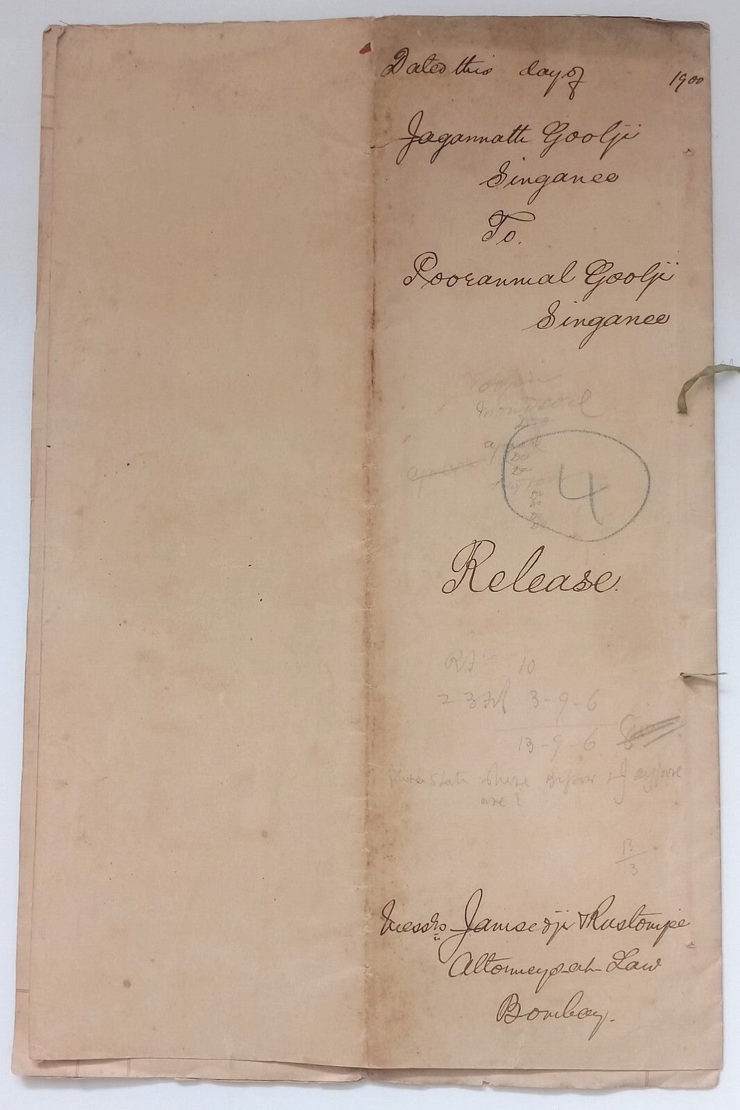 AOP India QV Queen Victoria 1868 Special Adhesive 5R on 1900 indenture 7 pgs
