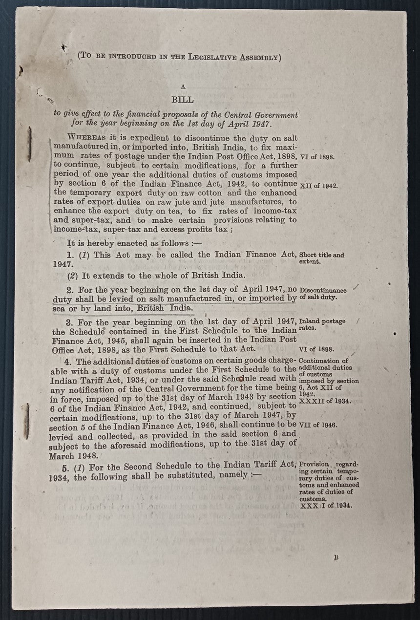 India 1947 ABOLITION OF SALT TAX etc. BILL (to be indroduced) - 10 pages