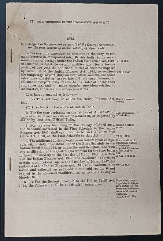 India 1947 ABOLITION OF SALT TAX etc. BILL (to be indroduced) - 10 pages