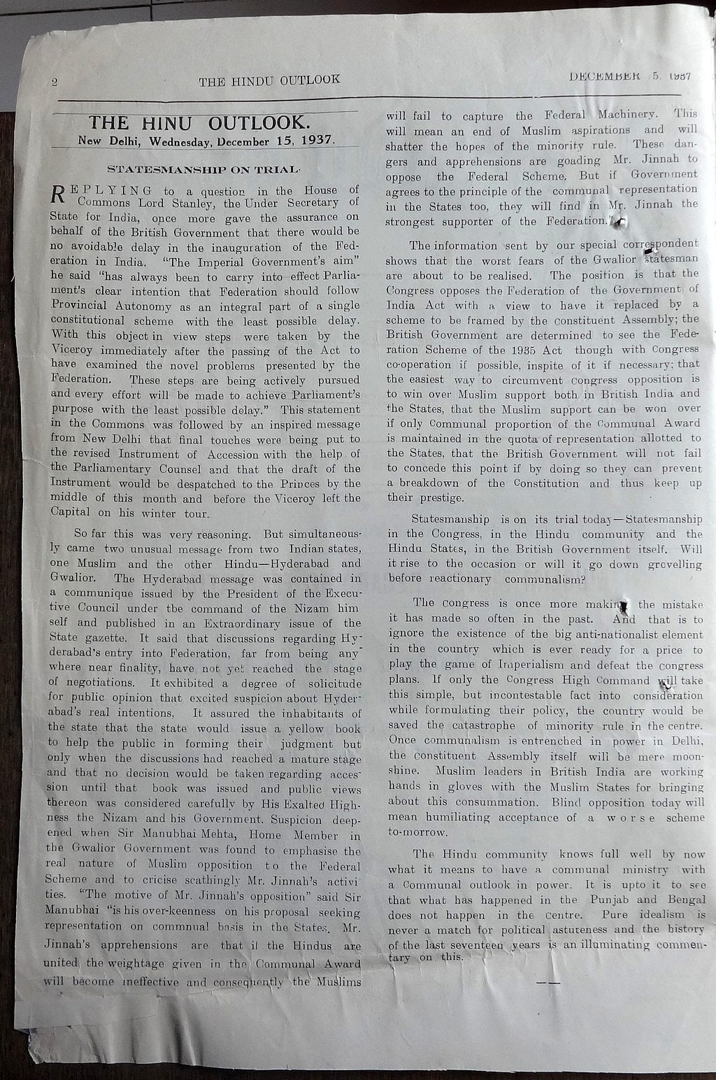 India 1937 Hindu Mahasabha letter & sample cover page of The Hindu Outlook