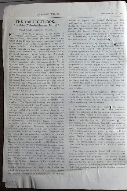 India 1937 Hindu Mahasabha letter & sample cover page of The Hindu Outlook