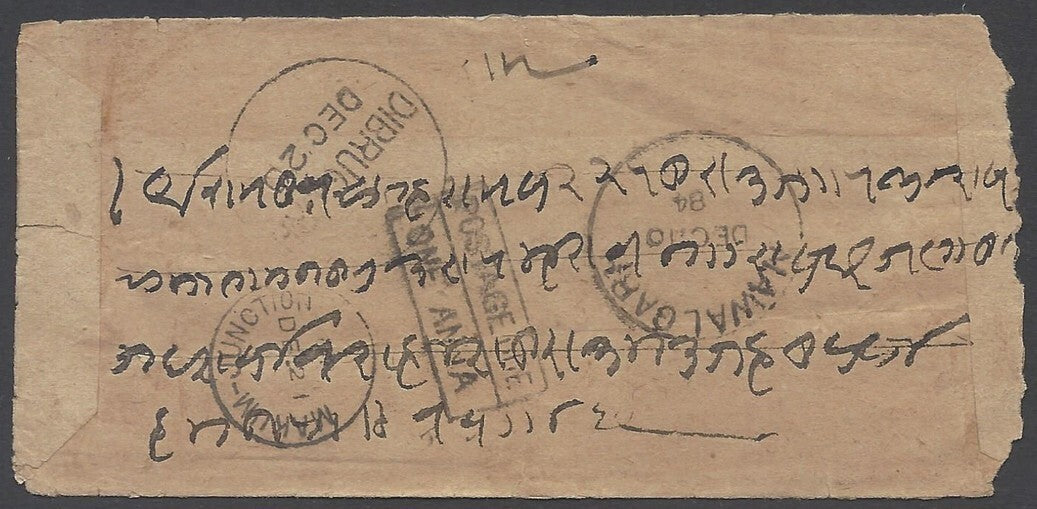 AOP India 1884 stampless Postage Due cover Nawalgarh to DIBRUGARH